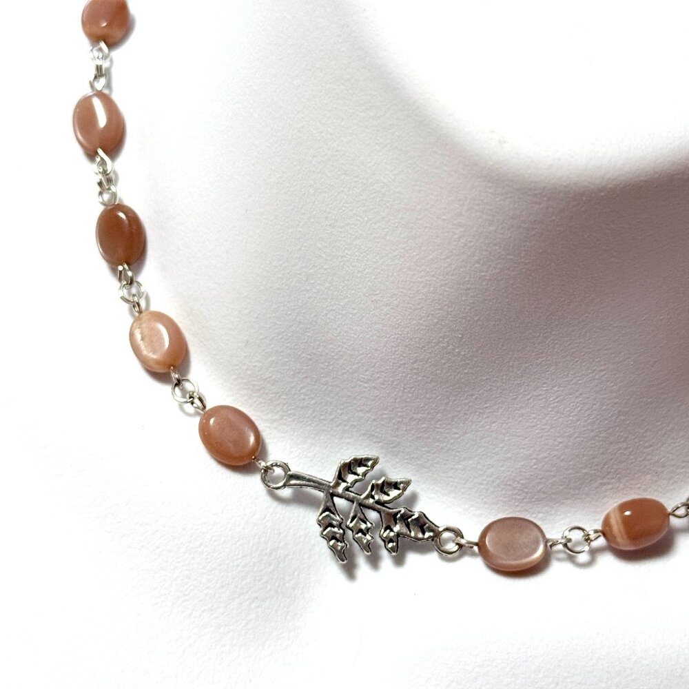 Peach Moonstone Adjustable Choker, Leaf Branch Pendant + Genuine Gemstone